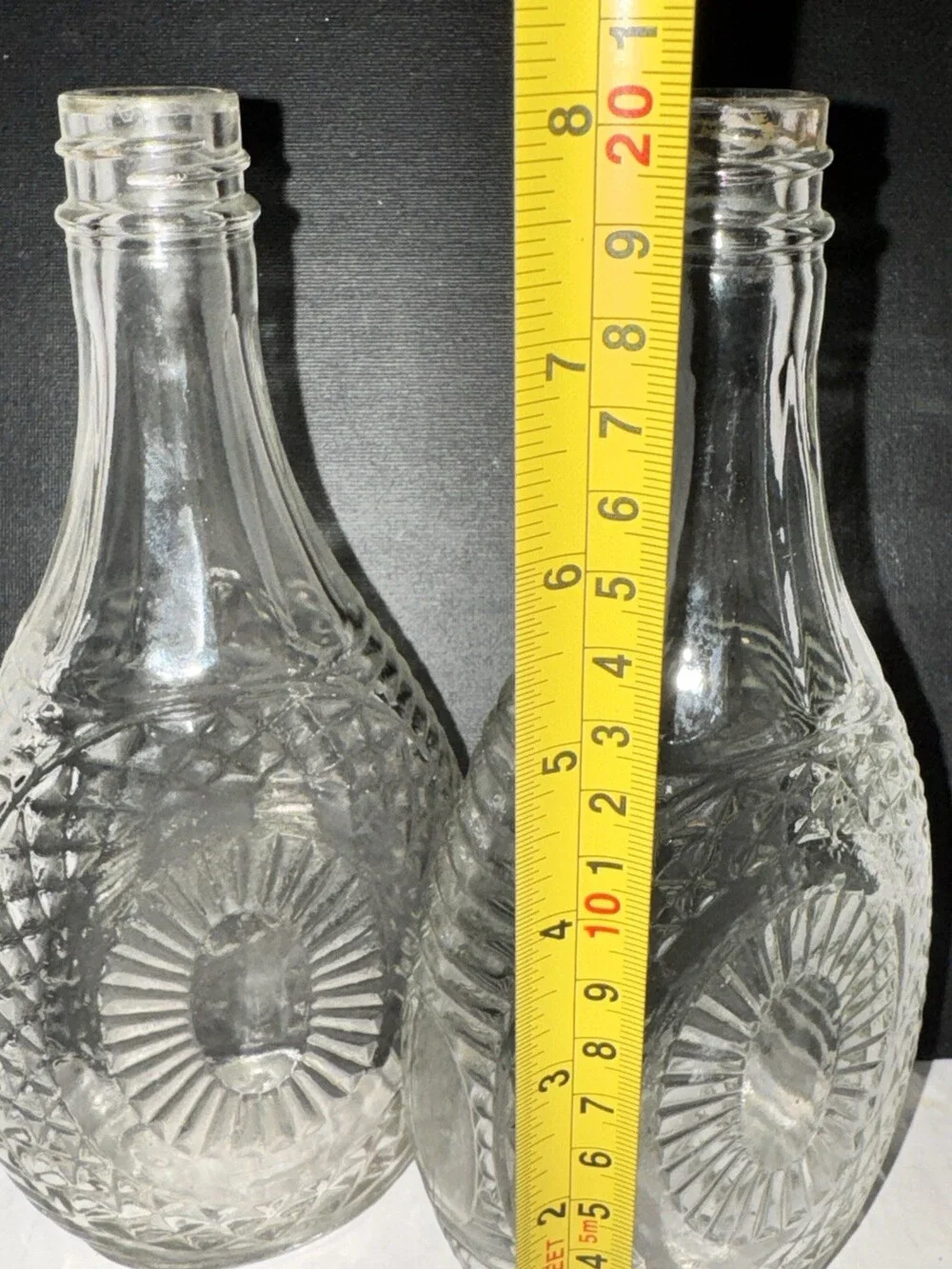 Vintage Log Cabin Syrup Bottles Pair Clear Glass Sunburst Diamond Pattern